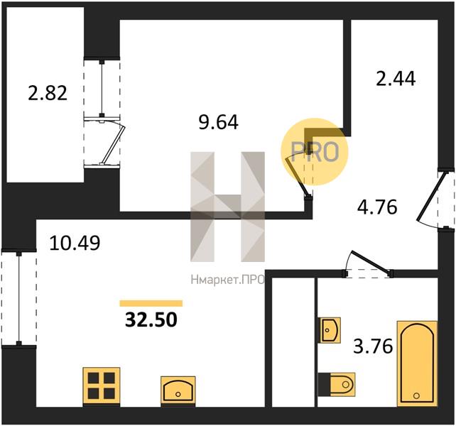 1—комн. квартира, 32.5 кв.м, 21/25 этаж