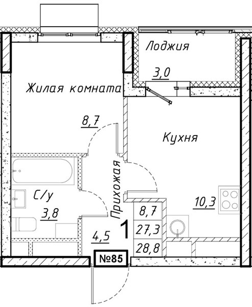 ЖК «Имбирь» · 1-комнатная квартира · 28.8 м² · 10 этаж