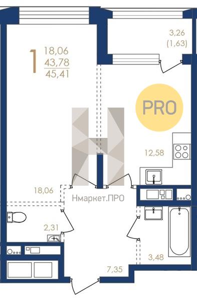 1—комн. квартира, 45.41 кв.м, 6/17 этаж