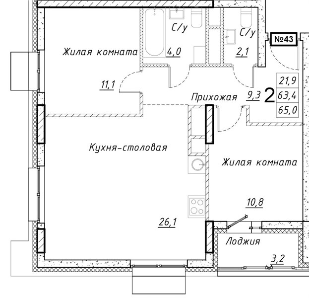 ЖК «Имбирь» · 2-комнатная квартира · 65 м² · 6 этаж