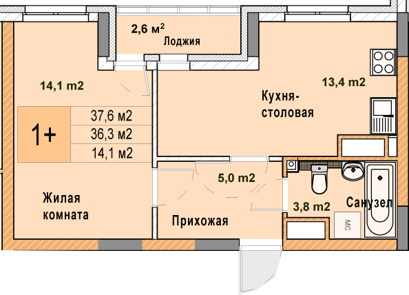 ЖК «Кузнечиха Город» · 1-комнатная квартира · 37.6 м² · 18 этаж
