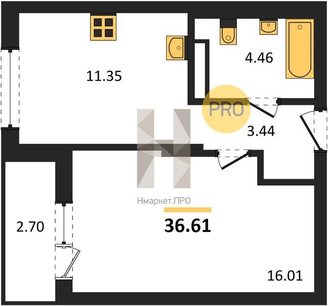 1—комн. квартира, 36.61 кв.м, 6/9 этаж