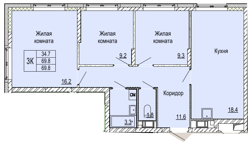 ЖК «Кузнечиха Город» · 3-комнатная квартира · 69.8 м² · 3 этаж