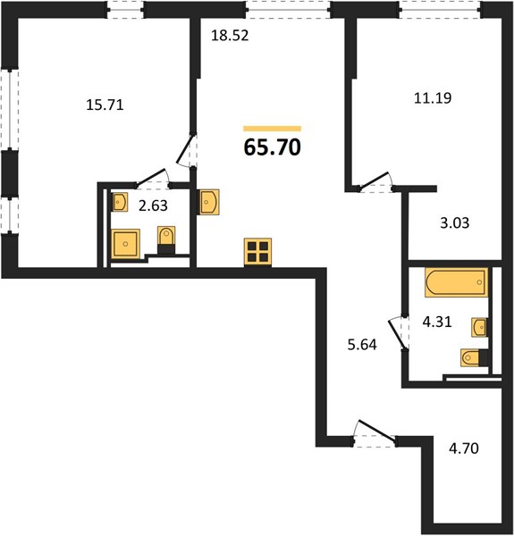 ЖК «Весна в Заречье» · 2-комнатная квартира · 65.7 м² · 8 этаж