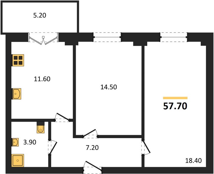 2—комн. квартира, 57.2 кв.м, 14/15 этаж