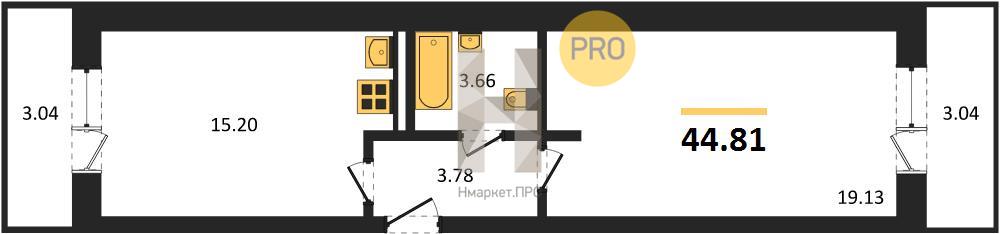1—комн. квартира, 44.81 кв.м, 8/8 этаж