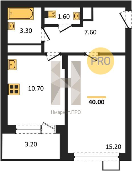 1—комн. квартира, 40 кв.м, 6/13 этаж
