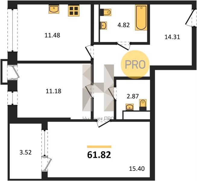 2—комн. квартира, 61.82 кв.м, 14/21 этаж