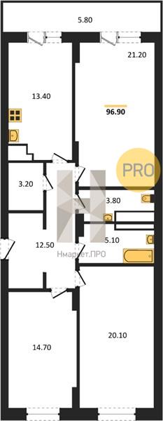3—комн. квартира, 96.8 кв.м, 24/25 этаж