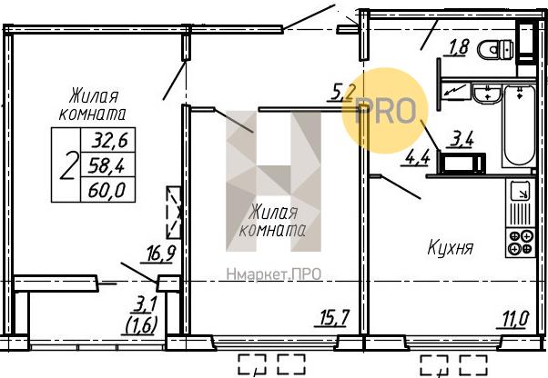 2—комн. квартира, 60 кв.м, 5/19 этаж