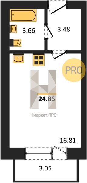 1—комн. квартира, 24.86 кв.м, 1/4 этаж