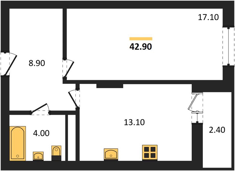 ЖК «Тетра» · 1-комнатная квартира · 42.9 м² · 17 этаж