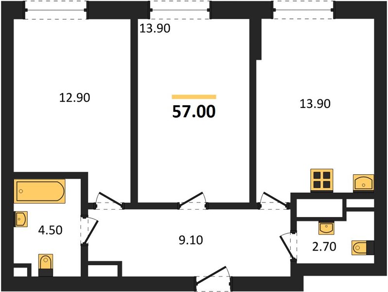 ЖК «Квартет» · 2-комнатная квартира · 57 м² · 8 этаж