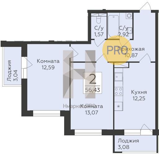 2—комн. квартира, 56.43 кв.м, 15/19 этаж
