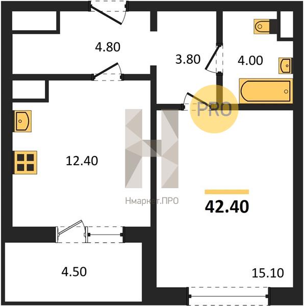 1—комн. квартира, 42.4 кв.м, 12/18 этаж