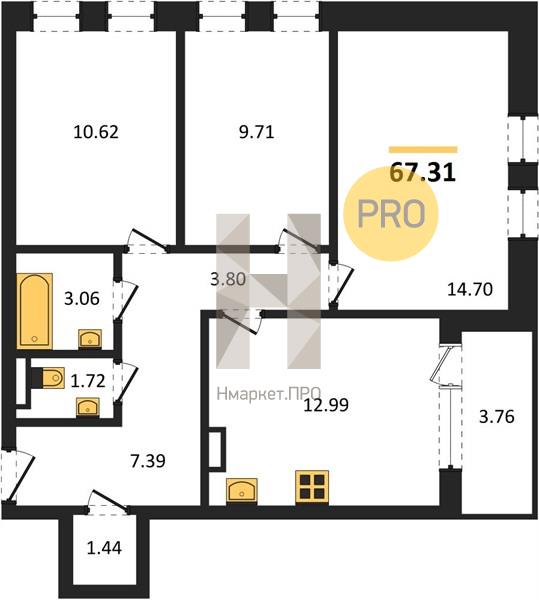 3—комн. квартира, 67.31 кв.м, 19/23 этаж