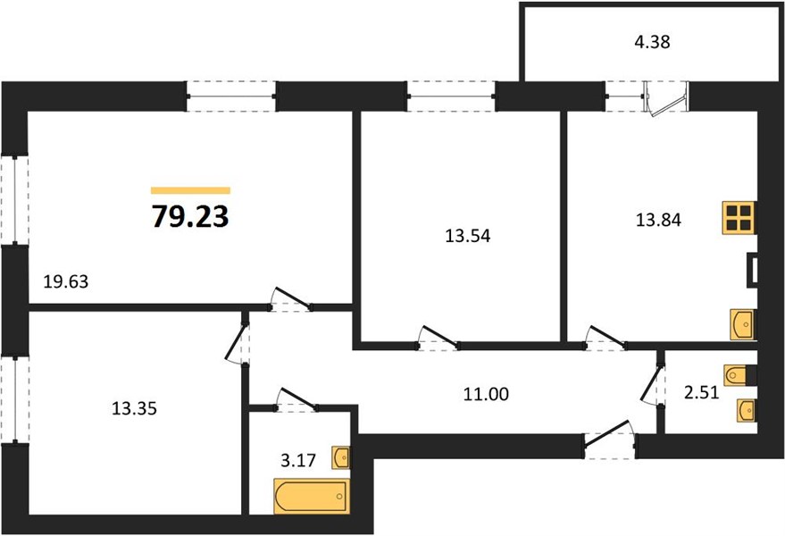 3—комн. квартира, 79.23 кв.м, 4/4 этаж