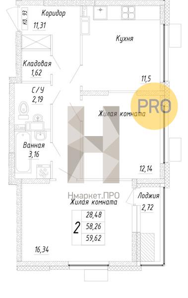 2—комн. квартира, 59.62 кв.м, 13/17 этаж