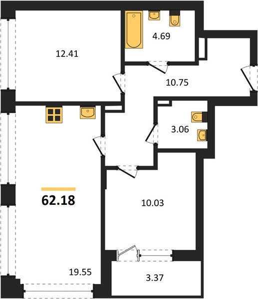 2—комн. квартира, 62.18 кв.м, 5/16 этаж