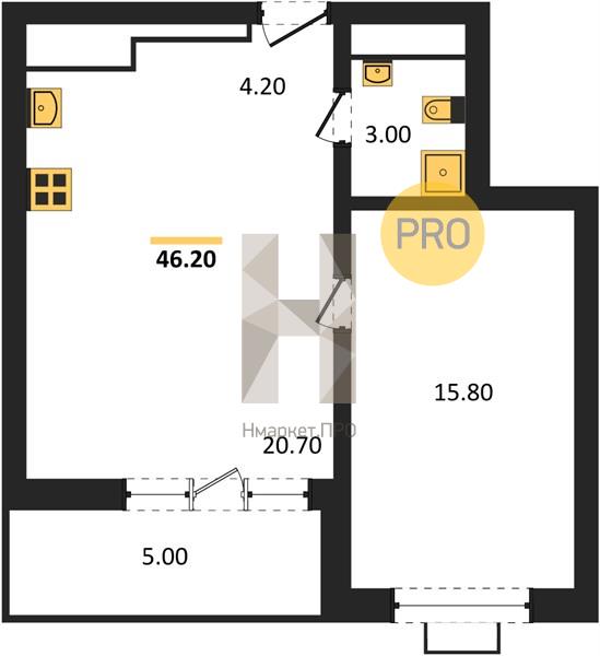 1—комн. квартира, 46.2 кв.м, 14/15 этаж