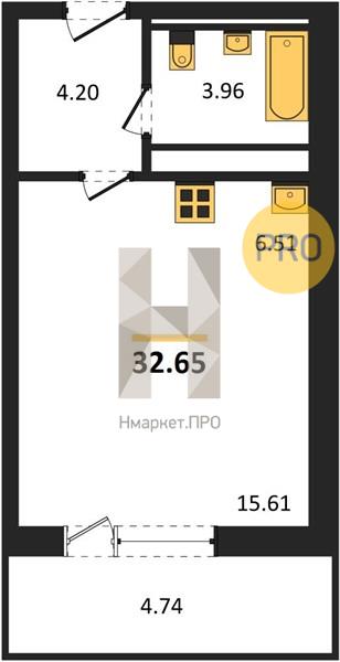 1—комн. квартира, 32.65 кв.м, 9/25 этаж