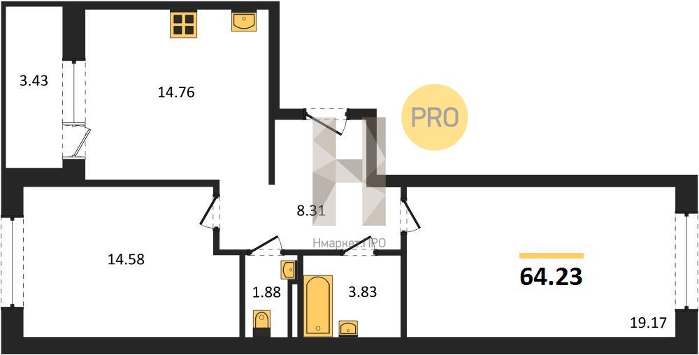2—комн. квартира, 64.23 кв.м, 6/8 этаж