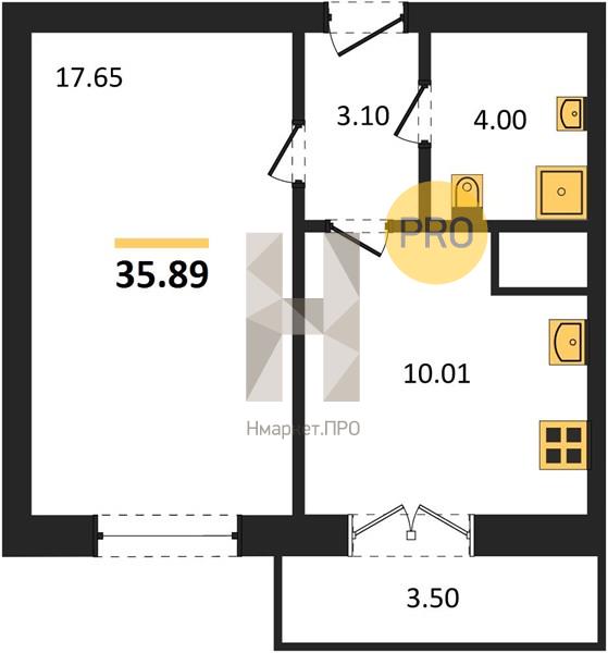 1—комн. квартира, 35.89 кв.м, 11/15 этаж