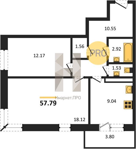 2—комн. квартира, 57.79 кв.м, 17/19 этаж