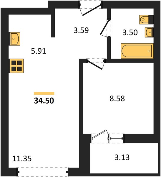 ЖК «Авторика» · 2-комнатная квартира · 34.5 м² · 17 этаж