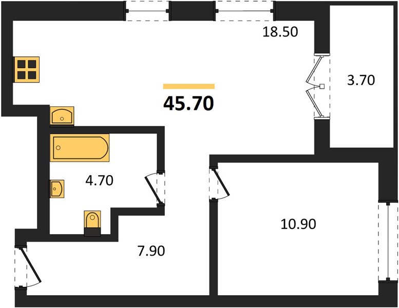 ЖК «Щелоковский» · 1-комнатная квартира · 45.7 м² · 13 этаж