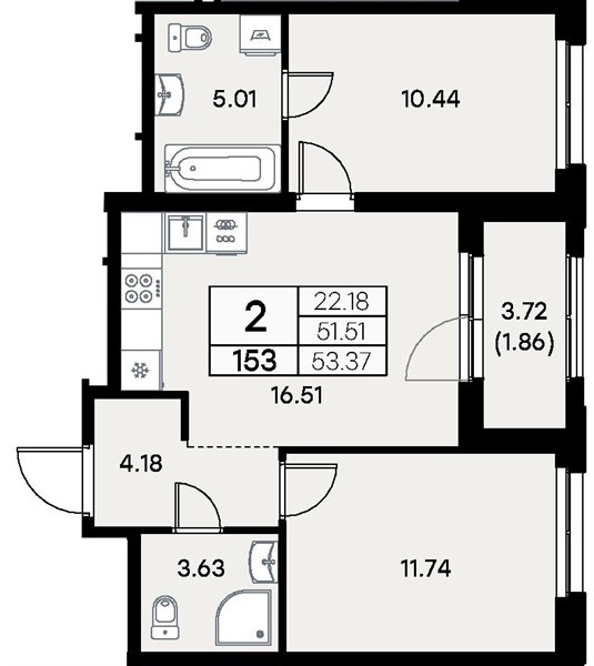 ЖК «Левобережный» · 2-комнатная квартира · 53.37 м² · 13 этаж