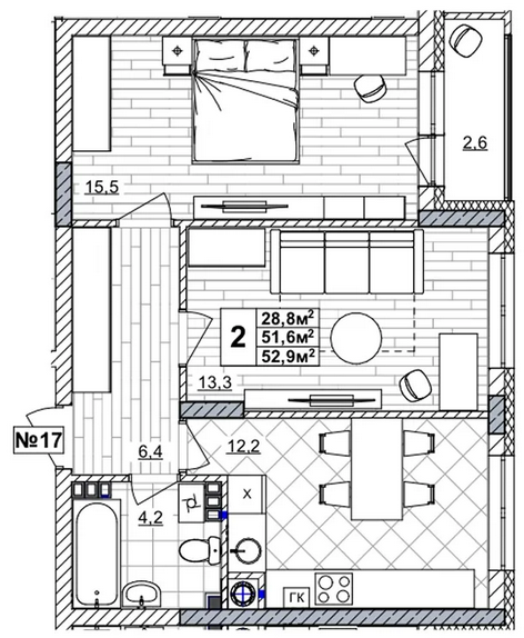 ЖК «Смородина» · 2-комнатная квартира · 52.9 м² · 3 этаж