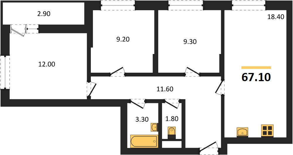 ЖК «Кузнечиха Город» · 3-комнатная квартира · 67.1 м² · 15 этаж