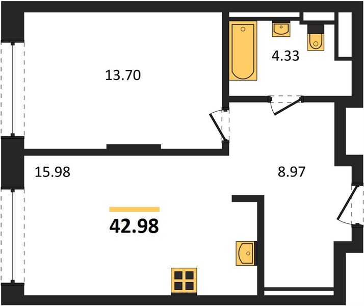 ЖК «Статус на Гребном канале» · 1-комнатная квартира · 42.98 м² · 6 этаж