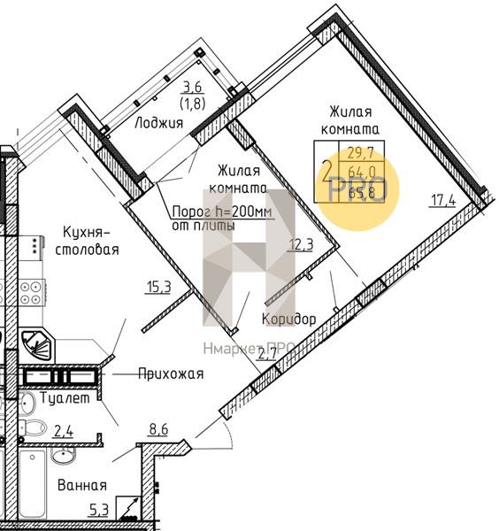 2—комн. квартира, 65.8 кв.м, 13/24 этаж