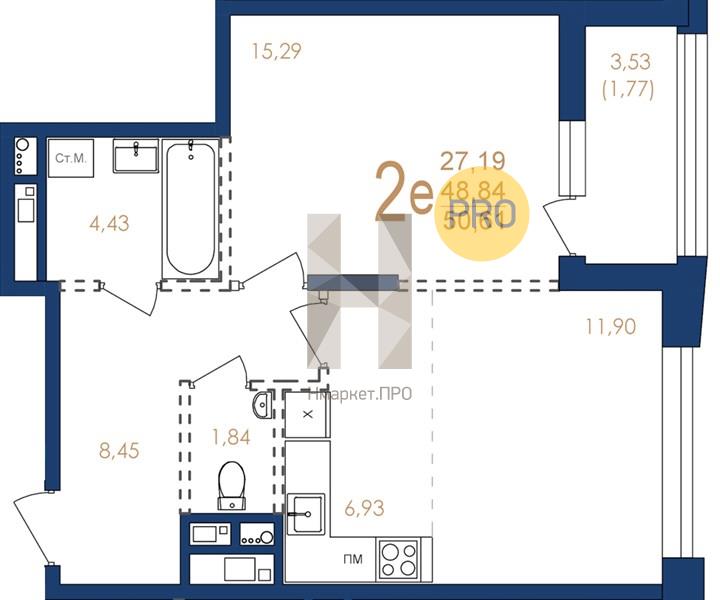 2—комн. квартира, 50.61 кв.м, 3/17 этаж