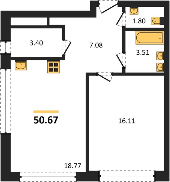 ЖК «ВЕРЕН ПЛЭЙС ОДЕССКАЯ» · 1-комнатная квартира · 50.67 м² · 6 этаж