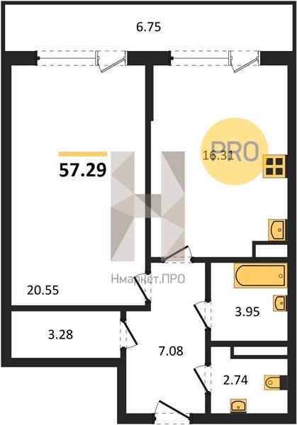 1—комн. квартира, 57.29 кв.м, 8/23 этаж