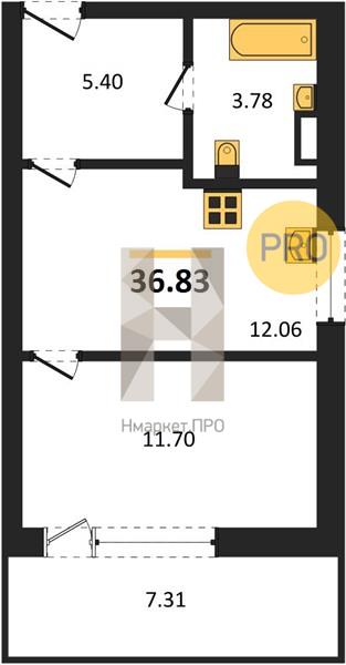 1—комн. квартира, 36.83 кв.м, 8/16 этаж
