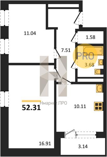 2—комн. квартира, 52.31 кв.м, 2/24 этаж