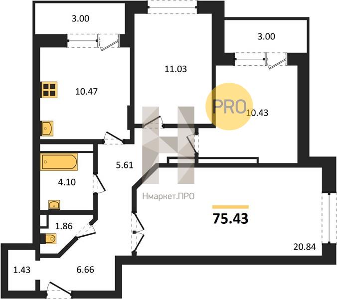 3—комн. квартира, 75.43 кв.м, 19/19 этаж