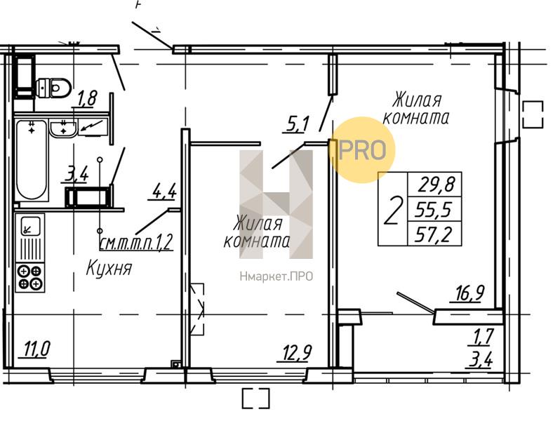 2—комн. квартира, 57.2 кв.м, 10/15 этаж