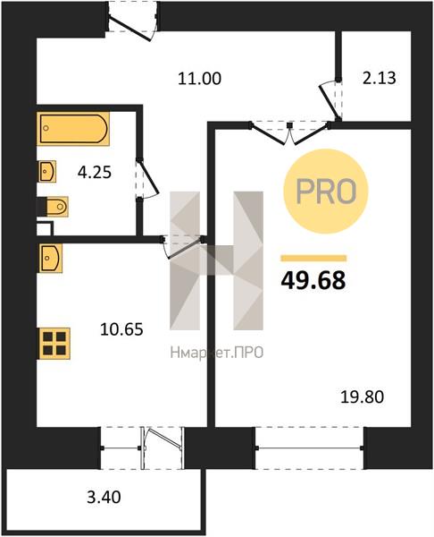 1—комн. квартира, 50.3 кв.м, 4/16 этаж