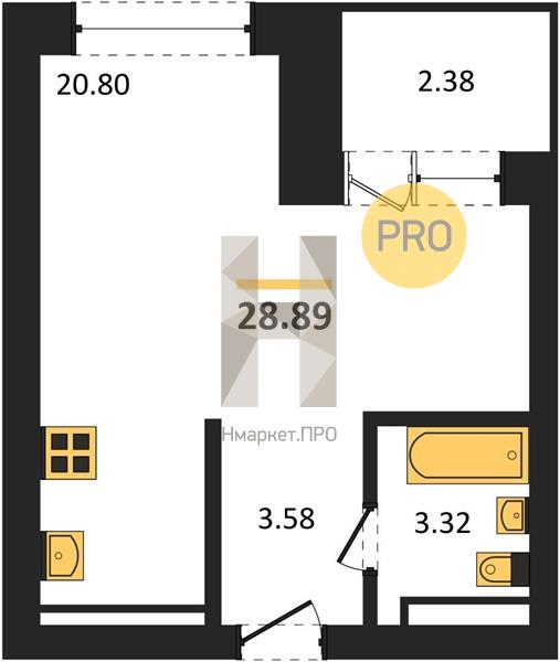 Квартира, 28.89 кв.м, 19/28 этаж