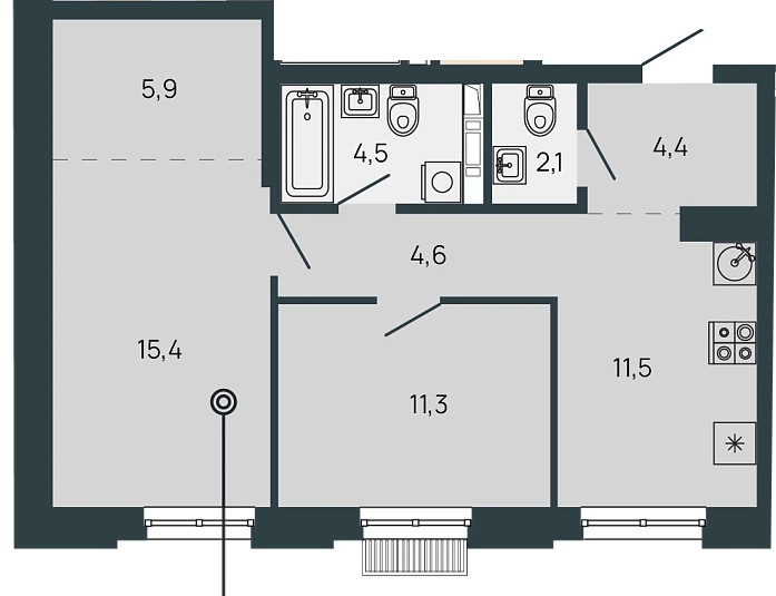 ЖК «Клубный дом Резиденция» · 2-комнатная квартира · 59.7 м² · 1 этаж