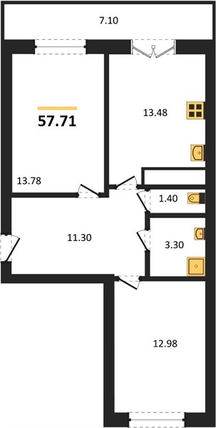 2—комн. квартира, 57.71 кв.м, 11/15 этаж