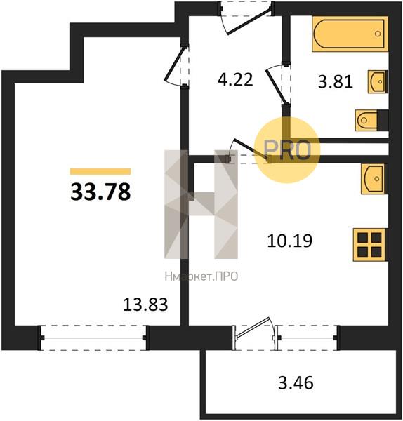 1—комн. квартира, 33.78 кв.м, 19/19 этаж