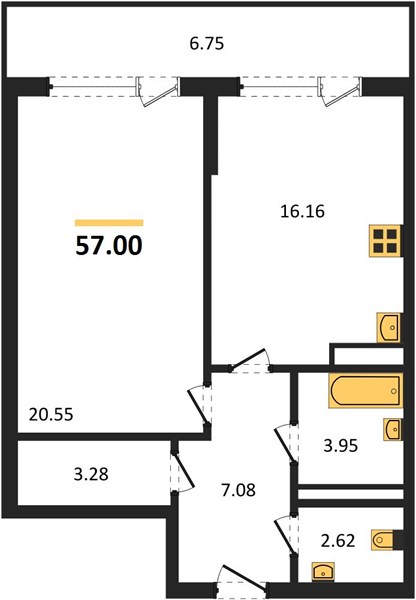 1—комн. квартира, 57 кв.м, 16/23 этаж