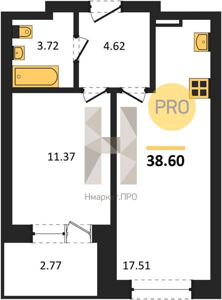 1—комн. квартира, 38.6 кв.м, 3/28 этаж