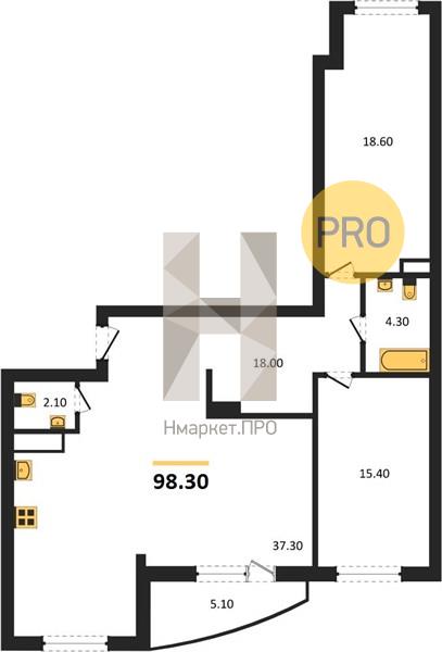 2—комн. квартира, 98.3 кв.м, 3/18 этаж